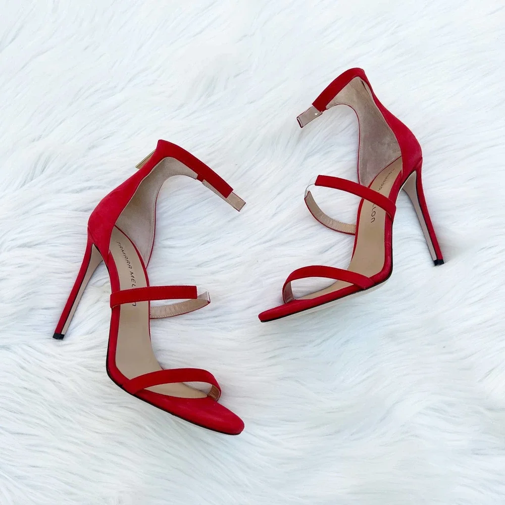 Tamara Mellon Reverse Frontline 105 Red Suede Heeled Sandals Women's Size 37.5 - Picture 2 of 11